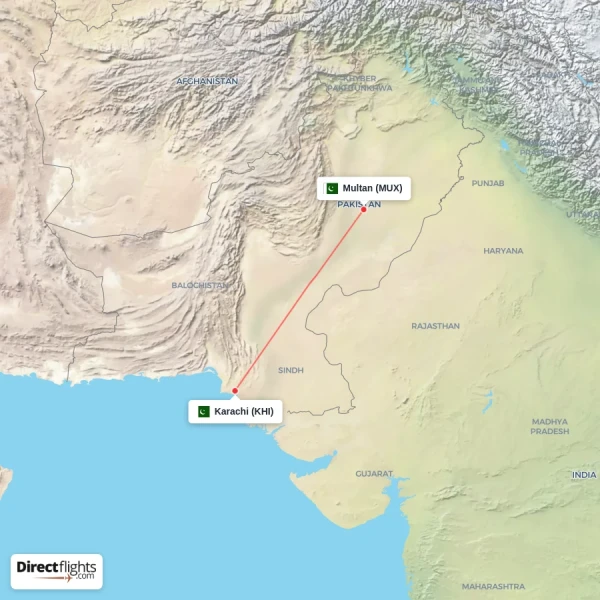 Karachi - Multan direct flight map