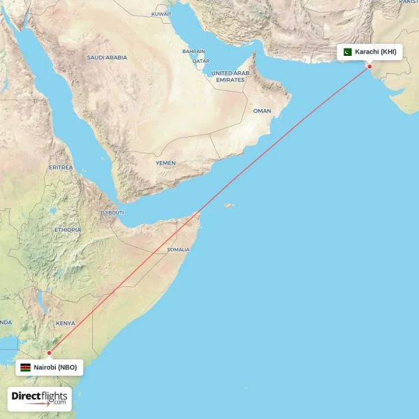 Karachi - Nairobi direct flight map