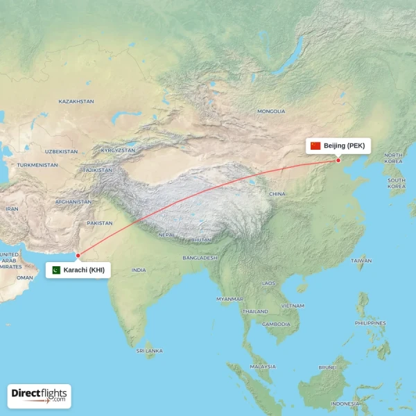 Karachi - Beijing direct flight map