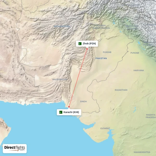 Karachi - Zhob direct flight map