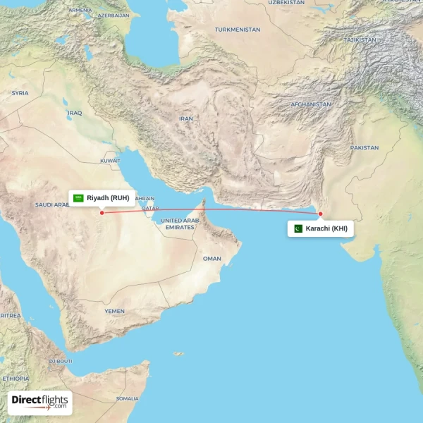 Karachi - Riyadh direct flight map