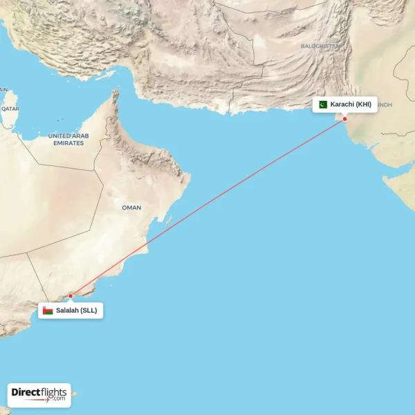 Karachi - Salalah direct flight map