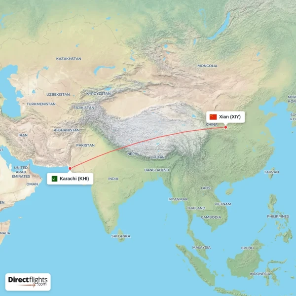 Karachi - Xian direct flight map