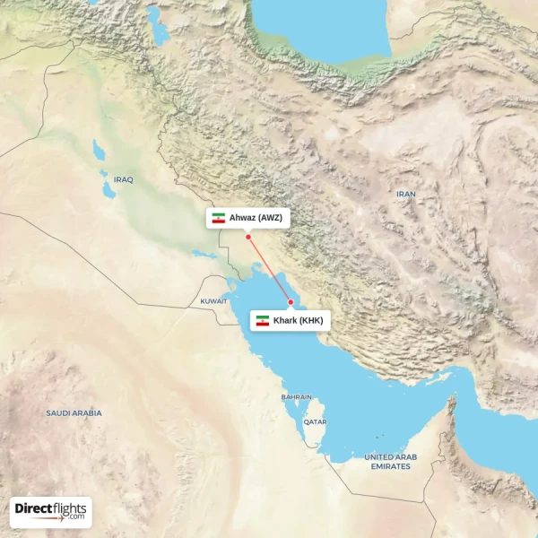 Khark - Ahwaz direct flight map