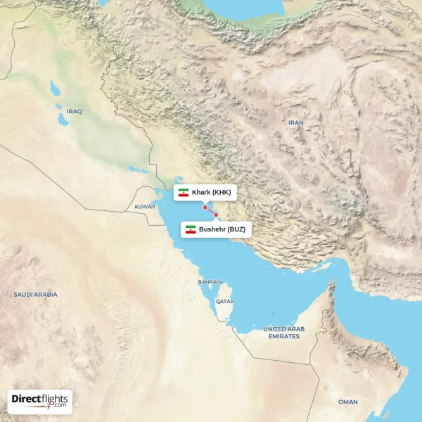Khark - Bushehr direct flight map