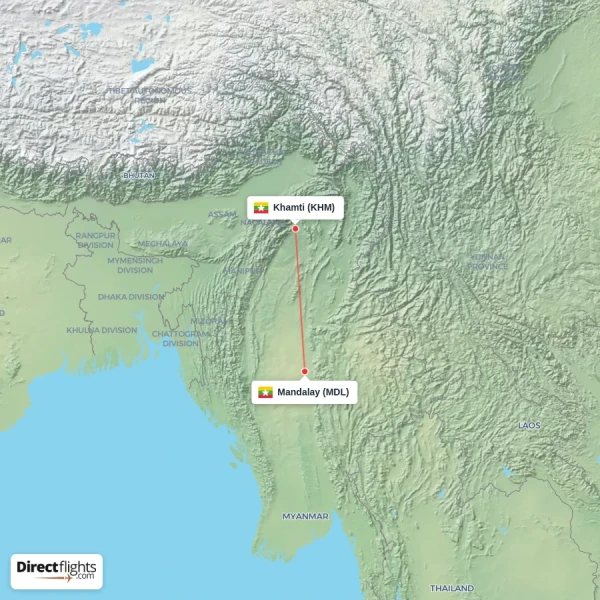 Khamti - Mandalay direct flight map