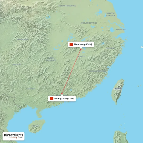 Nanchang - Guangzhou direct flight map