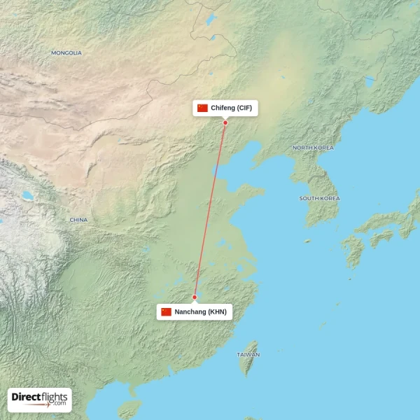 Nanchang - Chifeng direct flight map