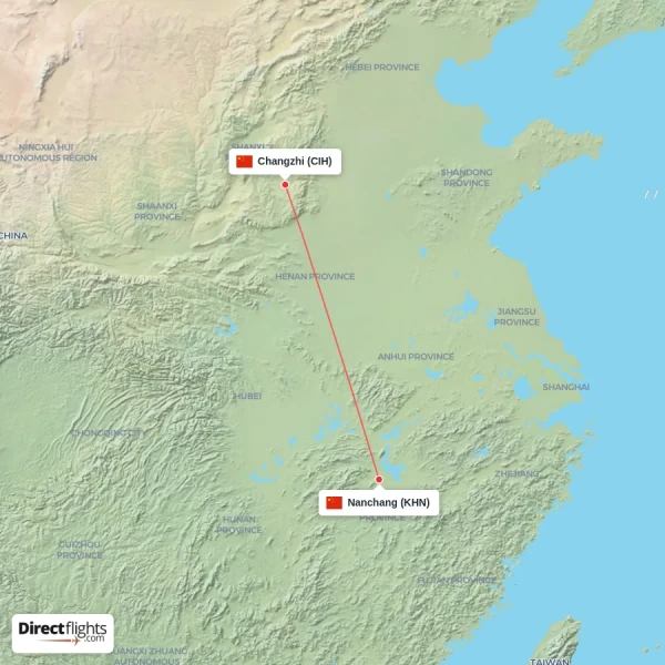 Nanchang - Changzhi direct flight map