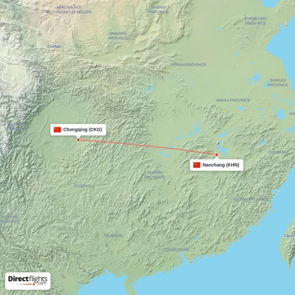 Nanchang - Chongqing direct flight map