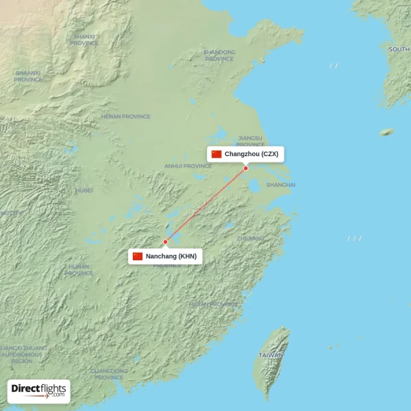 Nanchang - Changzhou direct flight map