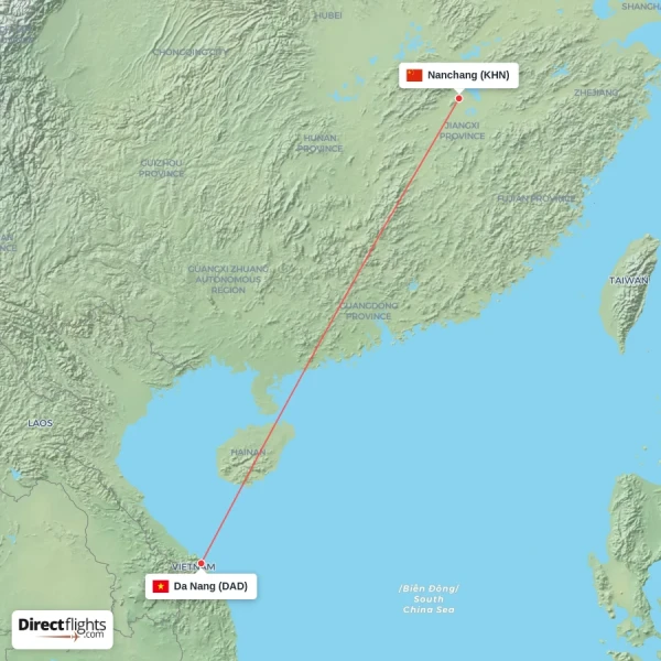 Nanchang - Da Nang direct flight map