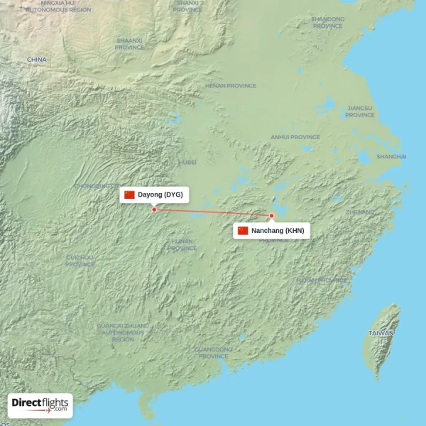 Nanchang - Dayong direct flight map