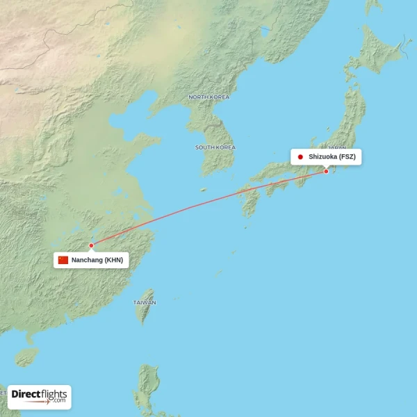 Nanchang - Shizuoka direct flight map