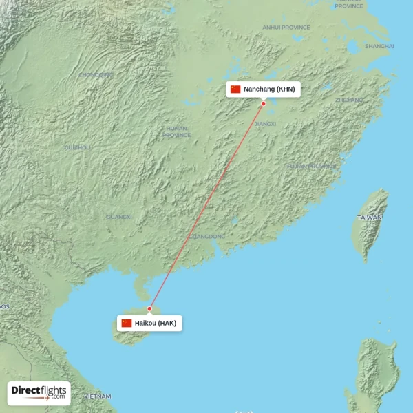 Nanchang - Haikou direct flight map