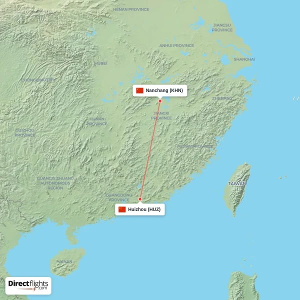 Nanchang - Huizhou direct flight map