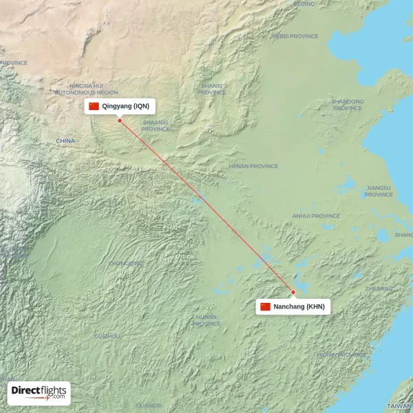 Nanchang - Qingyang direct flight map