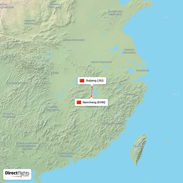 Nanchang - Jiujiang direct flight map