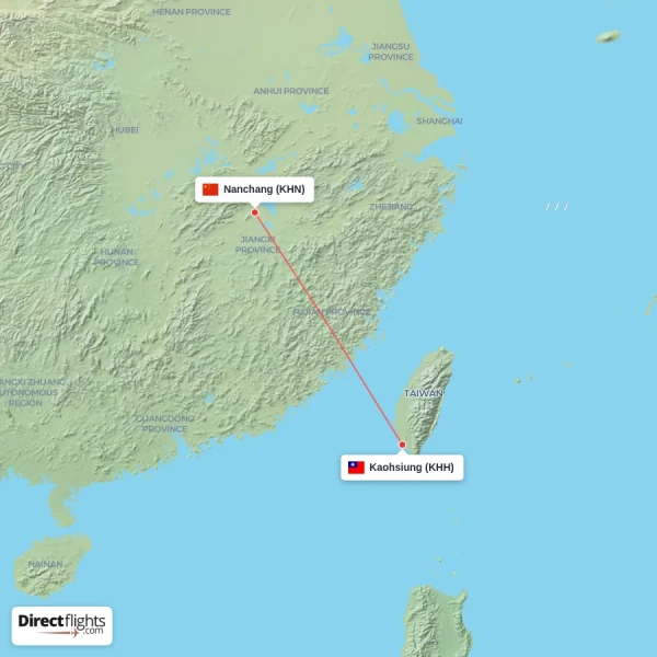 Nanchang - Kaohsiung direct flight map