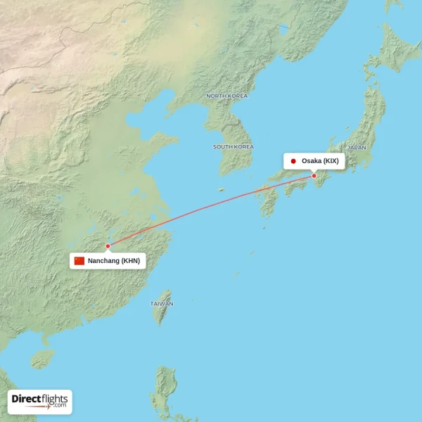 Nanchang - Osaka direct flight map