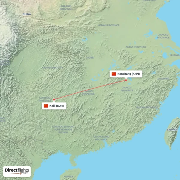 Nanchang - Kaili direct flight map