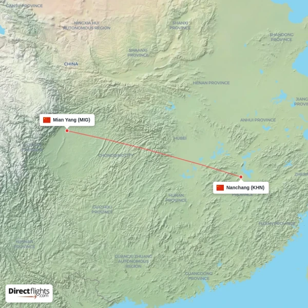 Nanchang - Mian Yang direct flight map