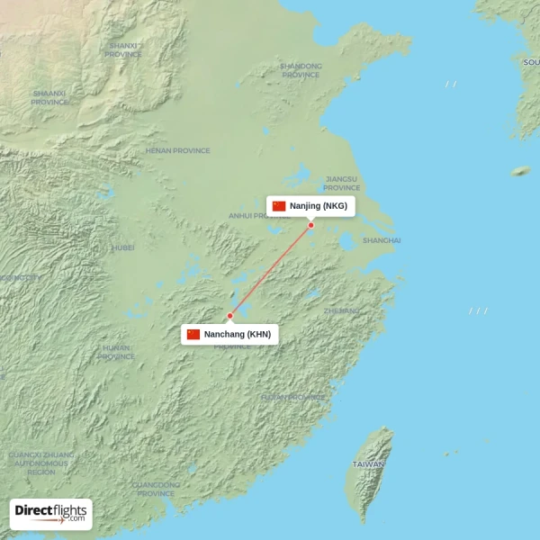 Nanchang - Nanjing direct flight map