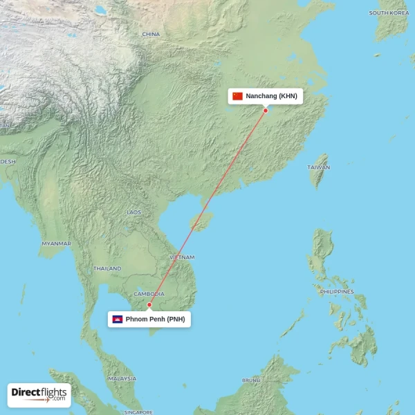Nanchang - Phnom Penh direct flight map