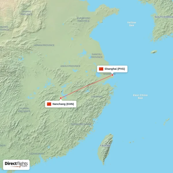 Nanchang - Shanghai direct flight map