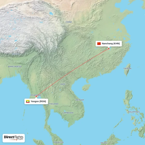 Nanchang - Yangon direct flight map