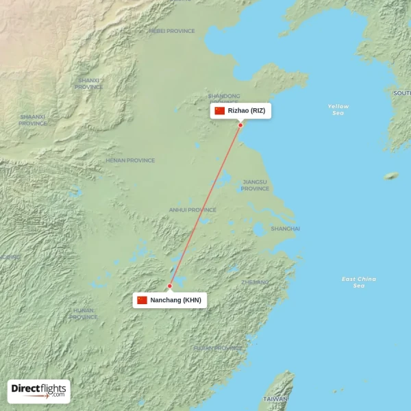 Nanchang - Rizhao direct flight map