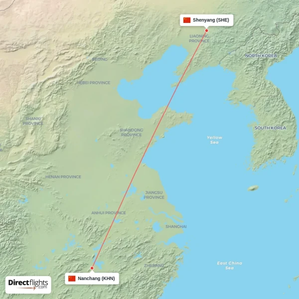 Nanchang - Shenyang direct flight map