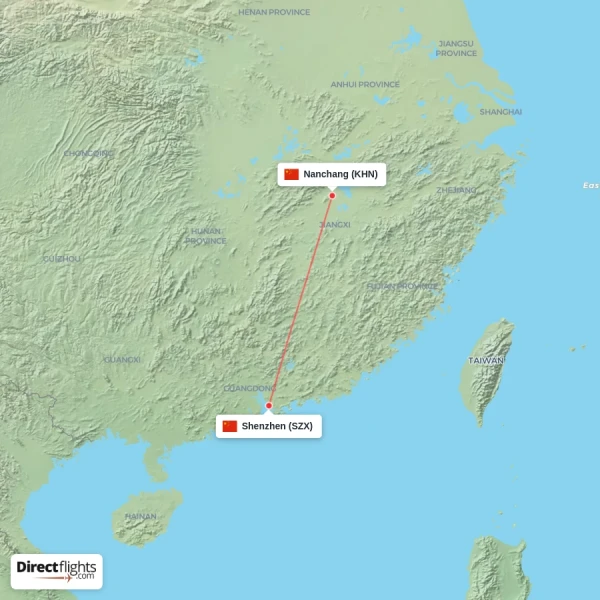 Nanchang - Shenzhen direct flight map