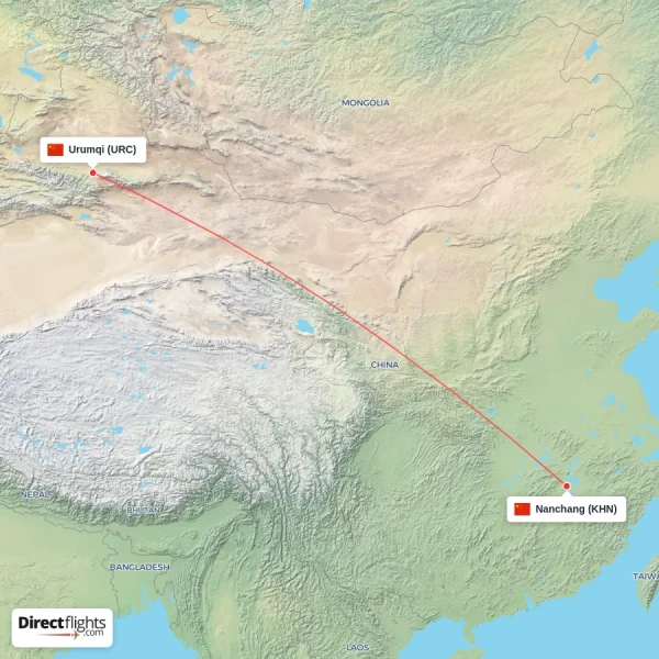 Nanchang - Urumqi direct flight map