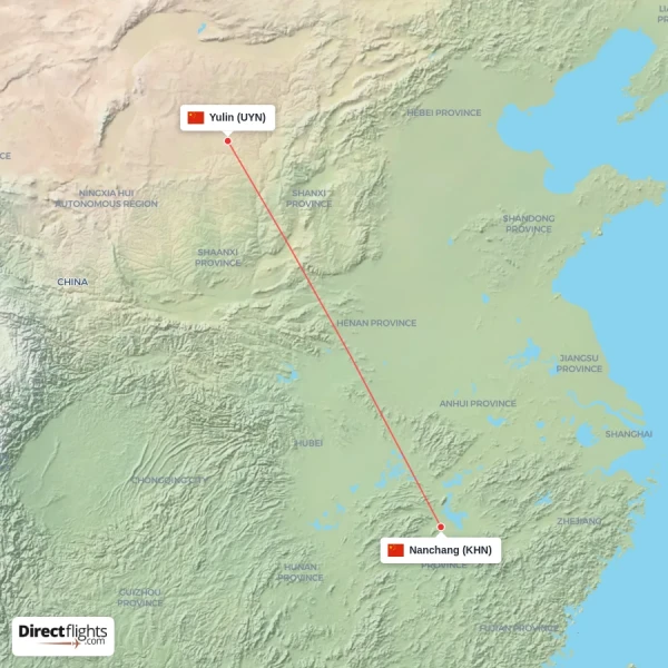 Nanchang - Yulin direct flight map