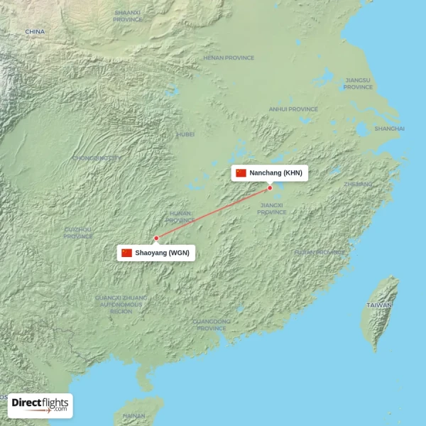 Nanchang - Shaoyang direct flight map