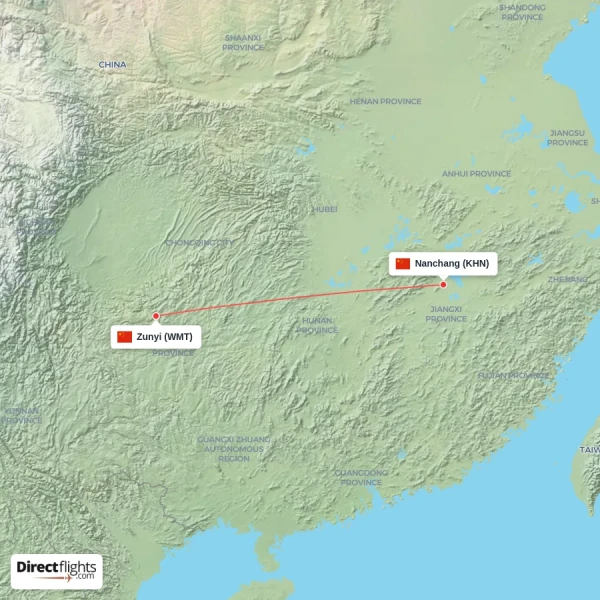 Nanchang - Zunyi direct flight map