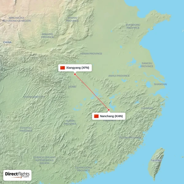 Nanchang - Xiangyang direct flight map
