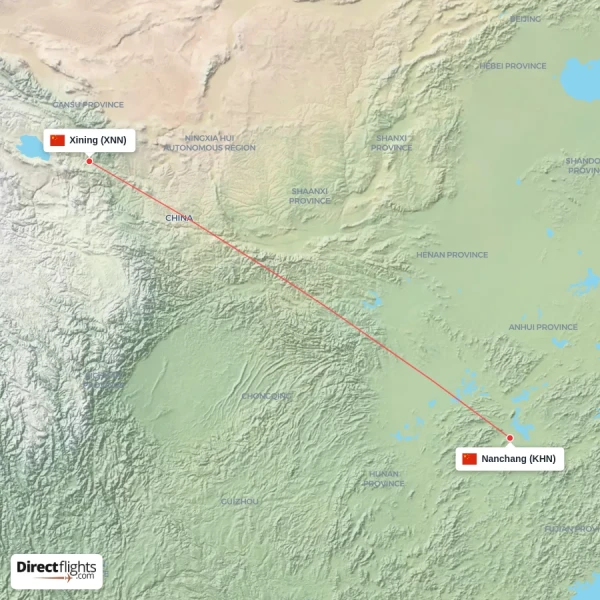 Nanchang - Xining direct flight map