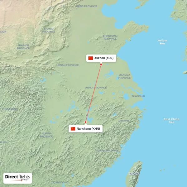 Nanchang - Xuzhou direct flight map