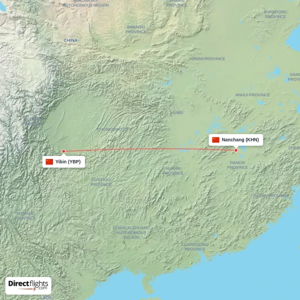 Nanchang - Yibin direct flight map
