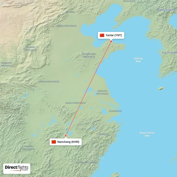 Nanchang - Yantai direct flight map