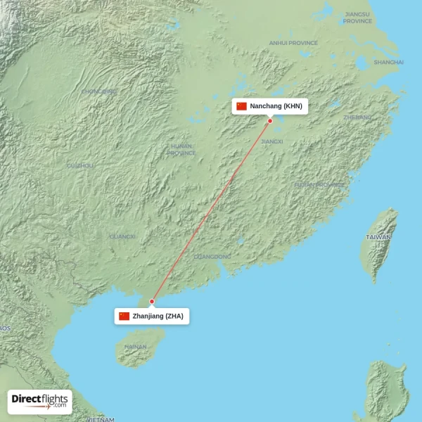 Nanchang - Zhanjiang direct flight map
