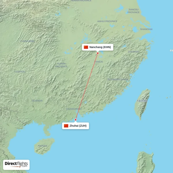Nanchang - Zhuhai direct flight map