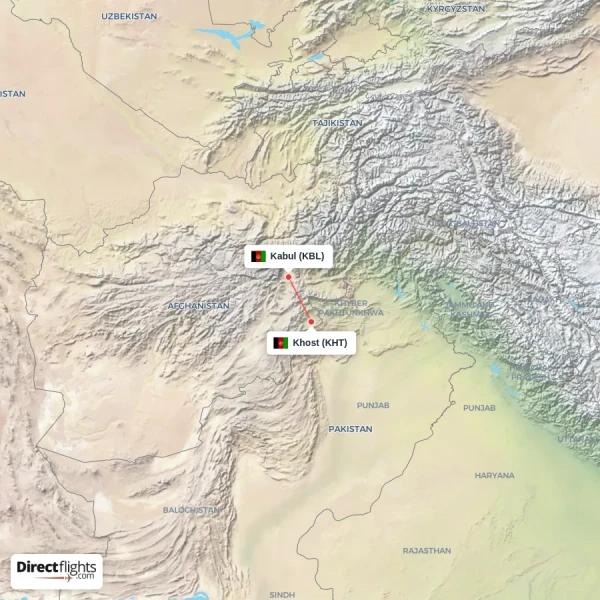 Khost - Kabul direct flight map