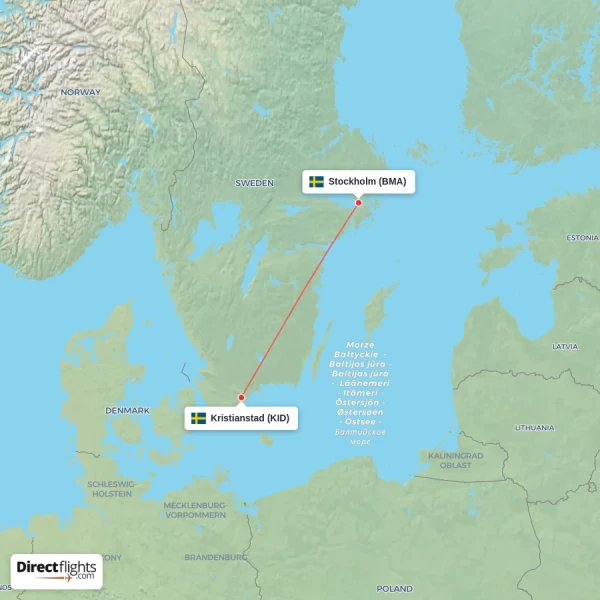 Kristianstad - Stockholm direct flight map