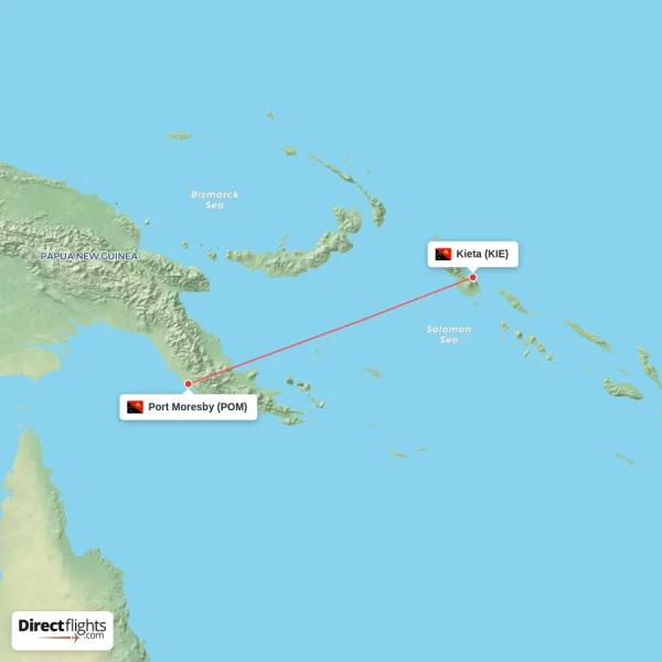 Kieta - Port Moresby direct flight map
