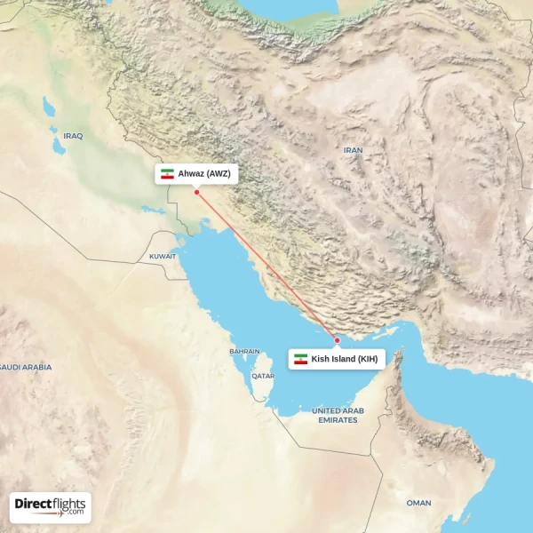 Kish Island - Ahwaz direct flight map