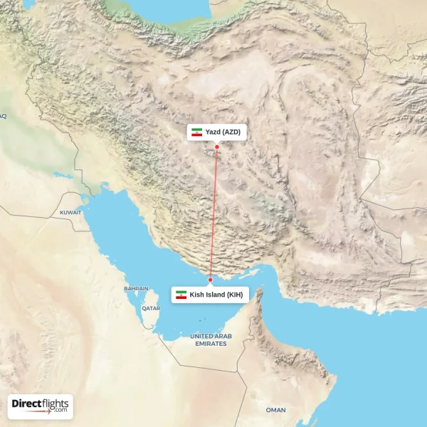 Kish Island - Yazd direct flight map