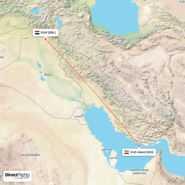 Kish Island - Erbil direct flight map